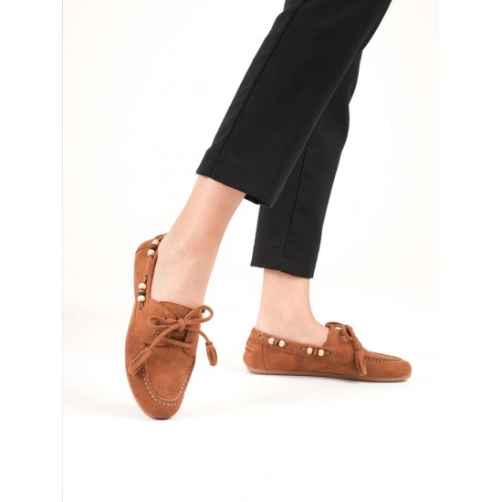  kadın taba süet günlük rahat boncuk püskül detaylı bağcıklı loafer babet ayakkabı