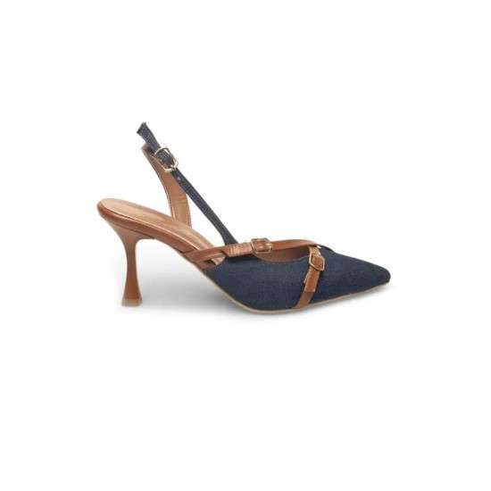 Kot Denim Sivri Burun Kapalı Tokalı Arkası Açık Stiletto Ayakkabı